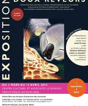 Affiche de l'exposition doux rêveurs avec la couverture de l'album d'images : un panda et une giraffe endormis